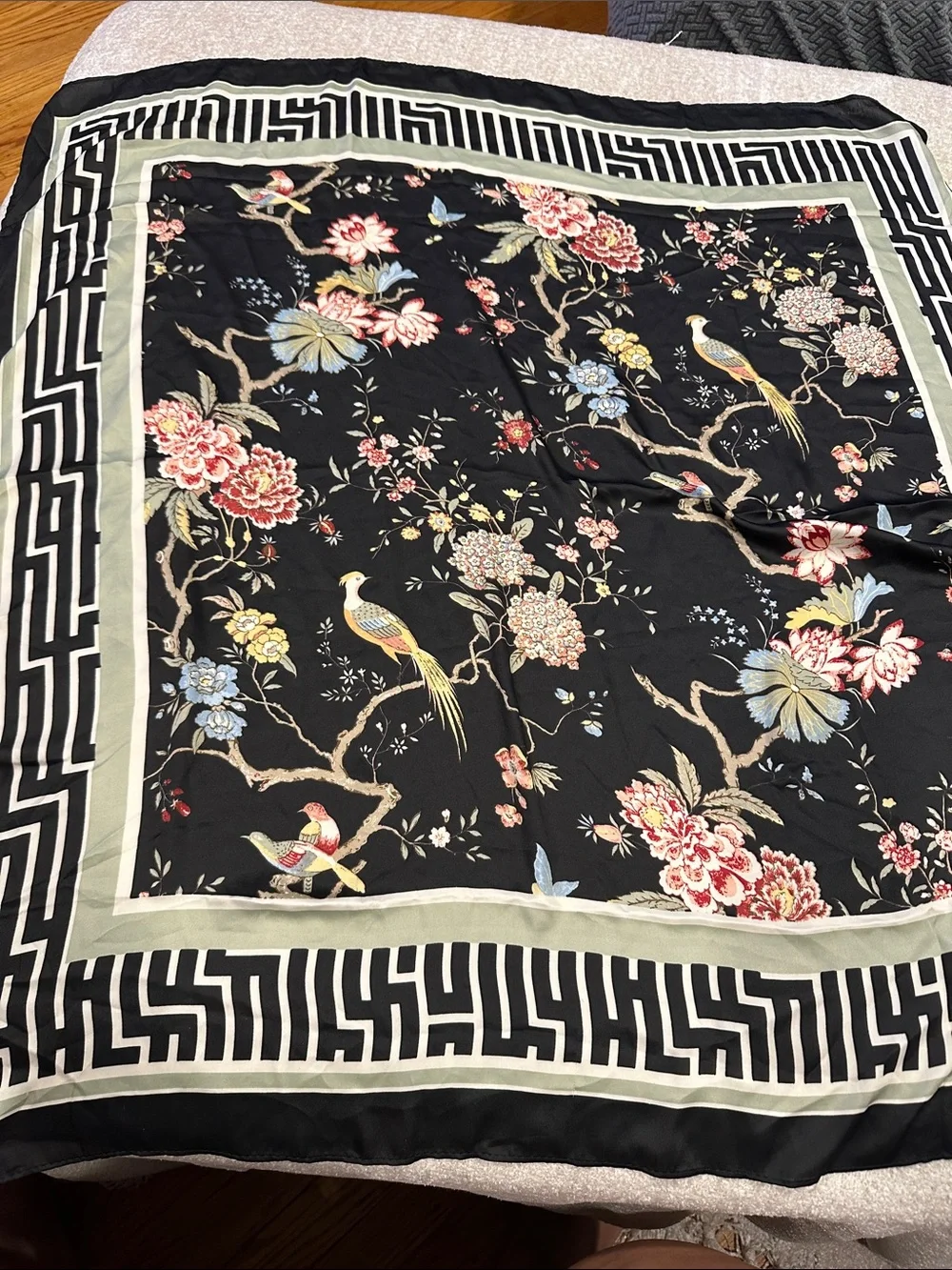 Floral Bird Print Scarf in Black and Pastels